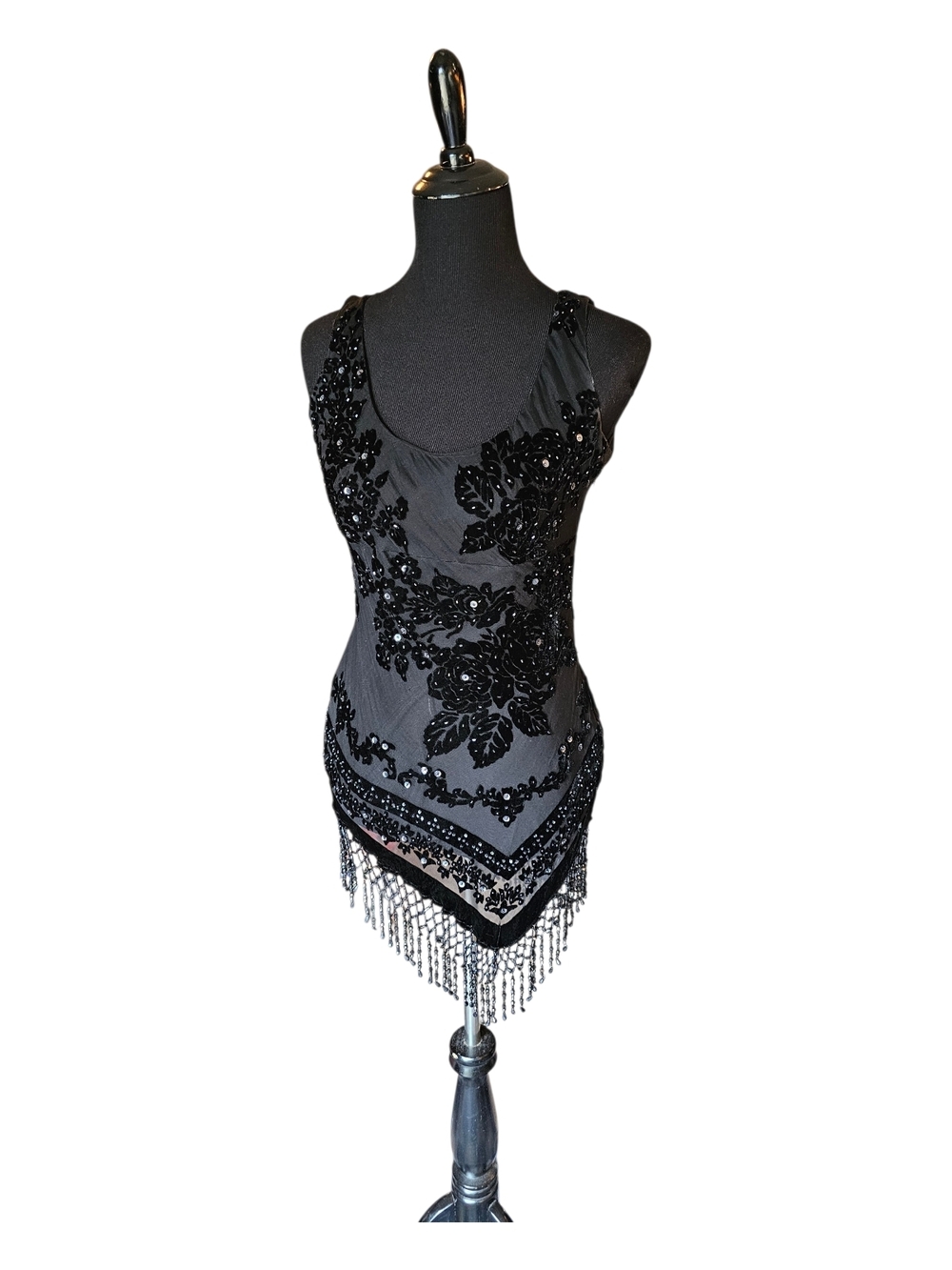 E by ECI Black Beaded Fringe Tank Size 4 Goth Boho Silk Blend Vintage